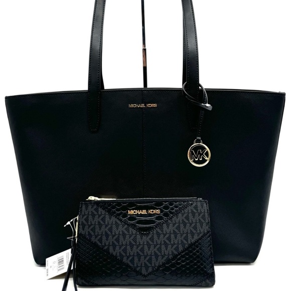 Michael Kors Medium Jet Set Travel Zip Tote Bag & Double Zip Wallet Black/Gold - Picture 1 of 13